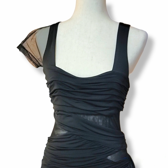 Sexy Black Asymmetrical Bandage-style Mini Dress with Sheer Panels, size 5 - Picture 7 of 15